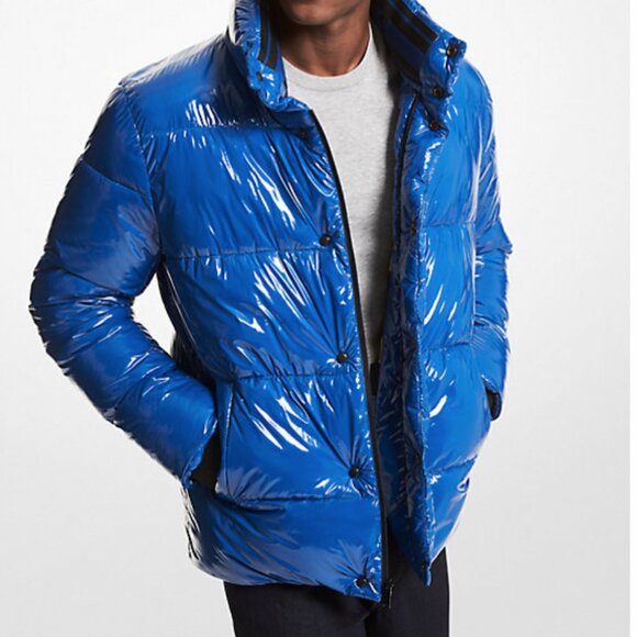Michael Kors Men's Quilted Patent Nylon Puffer Jacket BLUE XS $398 NWOT - Picture 1 of 8